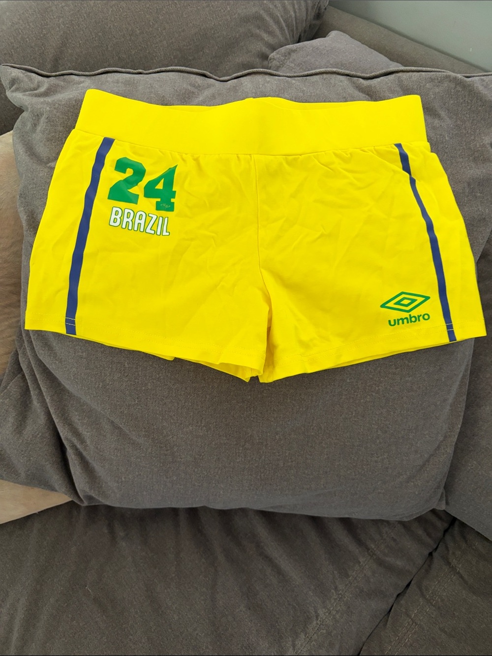 Umbro Yellow Brazil 24 Athletic Shorts with Navy Stripes